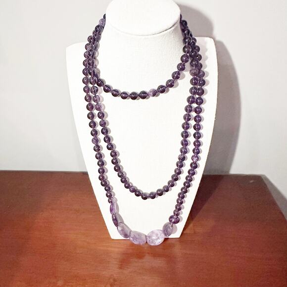 Purple Amethyst Beaded Necklace Very Long Round Beads Flat Stone Unique - Picture 11 of 12